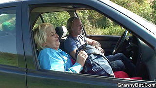 Blonde grandma getting roadside doggystyle