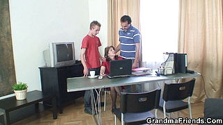 Very old granny threesome sex in the office