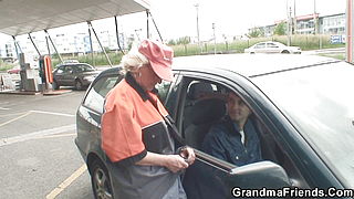 Two buddy pick up and share blonde old lady